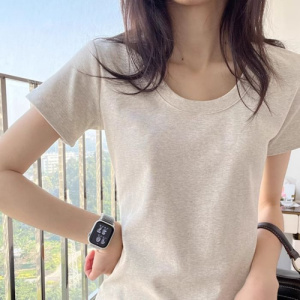 含棉 白色纯色T恤女短袖短款新款夏季显瘦修身U领叠穿打底上衣潮