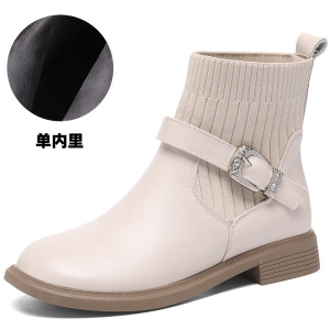真皮马丁靴女秋冬厚底加绒保暖弹力拼接针织粗跟大码毛线短靴