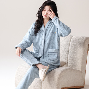 品牌同款法兰绒睡衣女秋冬加绒套装珊瑚绒甜美翻领冬季色家居服