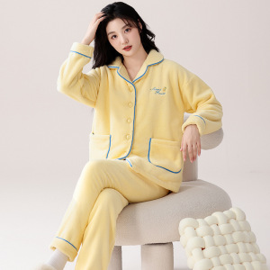 品牌同款法兰绒睡衣女秋冬加绒套装珊瑚绒甜美翻领冬季色家居服