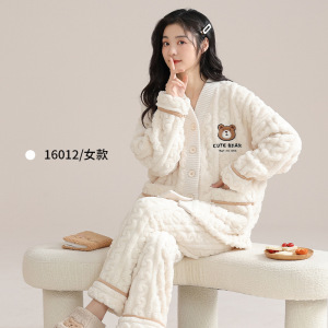品牌同款珊瑚绒睡衣女秋冬季加绒可外穿立领法兰绒女士家居服套装