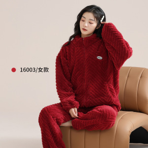 品牌同款珊瑚绒睡衣女秋冬季加绒可外穿立领法兰绒女士家居服套装_105