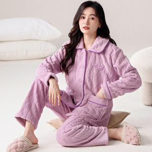 新款珊瑚绒睡衣女秋冬款保暖法兰绒可外翻领穿女士家居服套装