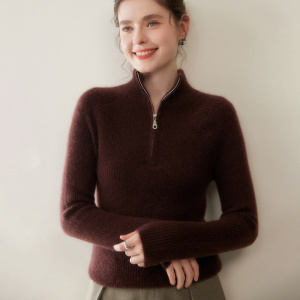 抽条洋气显瘦坑条针织羊毛衫女立领半拉链毛衣知性美人山羊绒衫女