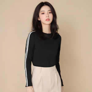 撞色复古插肩袖T恤女短上衣莫代尔春秋装美式辣妹长袖打底衫内搭
