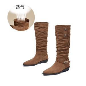 新款尖头靴子长筒靴女冬季粗跟骑士靴复古堆堆靴休闲百搭女靴