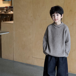 童酷男童冬季新款老钱风翻领宝宝针织衫纯色百搭加厚儿童毛衣
