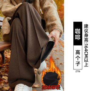 加绒羊毛阔腿裤女秋冬季加厚美拉德穿搭咖色小个子毛呢窄版直筒裤_409