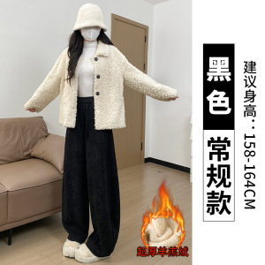 羊羔绒黑色毛呢卫裤女冬新款加绒保暖棉裤胖mm大码加厚阔腿裤_485