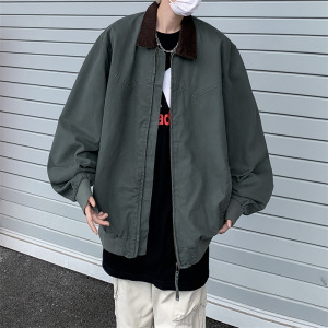 夹克男春秋季新款工装宽松男女同款翻领夹克美式潮牌纯色百搭外套