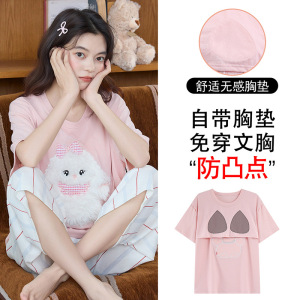 圆领睡衣女士夏季棉质短袖七分裤少女卡通可外穿家居服甜美套装