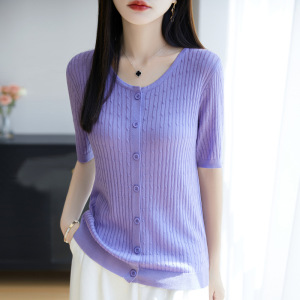 天丝针织短袖开衫2026夏季新款女士圆领薄款打底衫韩系风纯色T恤
