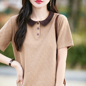 拼色POLO领短袖T恤女2026夏季新款棉线针织衫女纯色撞色半袖上衣