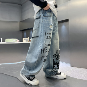 男童裤子2026新款春装春秋款大童春季涂鸦阔腿裤儿童破洞牛仔裤潮