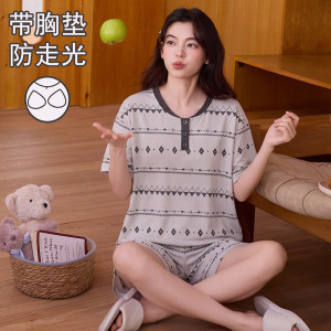 夏季带胸垫短袖短裤女睡衣慵懒风条纹图案圆领少女新款家居服套装