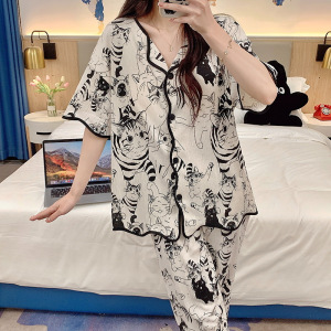 夏季款棉质带胸垫开衫短袖长裤套装甜美ins风家居服外穿睡衣