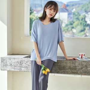 夏季薄款莫代尔睡衣女士短袖长裤两件套带胸垫简约休闲家居服套装