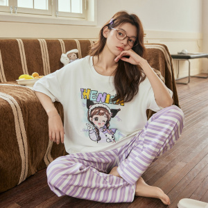 带胸垫睡衣女夏季短袖长裤格子卡通可爱家居服可外穿套装工厂