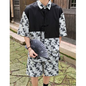 套装男夏季新中式拼接短袖衬衫男潮牌国风男装宽松休闲衬衣两件套