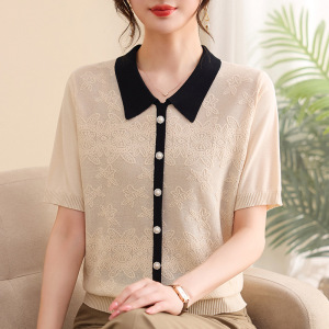 中老年女装短款上衣时尚小翻领妈妈装气质婆婆装小衫针织短袖夏装