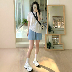 天丝牛仔短裤女夏薄款高腰a字阔腿宽松胖mm大码松紧腰冰丝五分裤