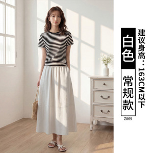 亚麻半身裙女2026新款藏青色夏季中长款棉麻a字裙松紧腰直筒裙子