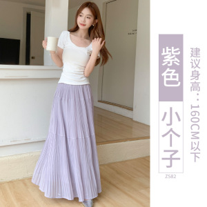 紫色雪纺半身裙2026新款夏季高腰宽松a字压褶小个子垂感蛋糕长裙