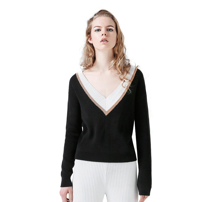 初语2017秋季新品 纯色大v领套头针织衫开衫薄毛衣女长袖外套