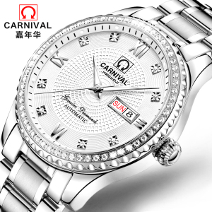 嘉年华CARNIVAL手表新款男士全自动机械表 男表时尚满天星镶水钻防水夜光精钢带腕表双日历星期显示休闲商务复古8629