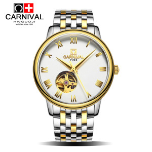 新款嘉年华Carnival瑞士正品全自动机械表 男士镂空防水薄型休闲时尚手表金属精钢潮流腕表精英系列508G镂空