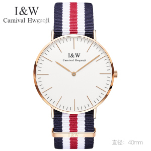 正品嘉年华I&W手表女士石英表 情侣薄手表女表休闲时尚简约男表防水通用腕表极简主义织物表带男表I&W 8757G-2 IW002/40MM