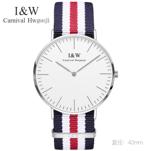 正品嘉年华I&W手表女士石英表 情侣薄手表女表休闲时尚简约男表防水通用腕表极简主义织物表带男表I&W 8757G-2