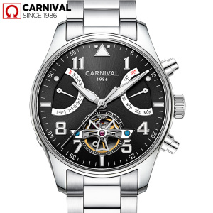 瑞士嘉年华Carnival手表黑色男士全自动机械表 男表镂空休闲时尚潮流夜光防水男金属精钢腕表个性男士手表8783G