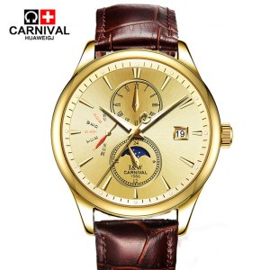 瑞士嘉年华CARNIVAL手表全自动机械表 男新款商务防水手表男士夜光男表星辰日历金色男表时尚休闲金属精钢腕表8732
