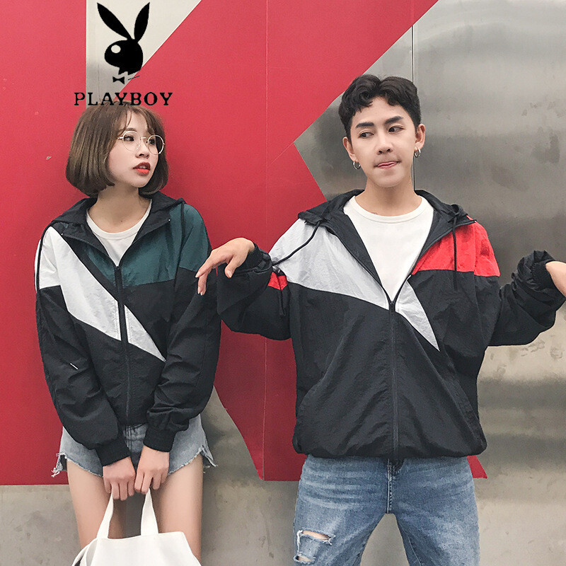 花花公子情侣装秋装新款男女拼色宽松夹克男港风