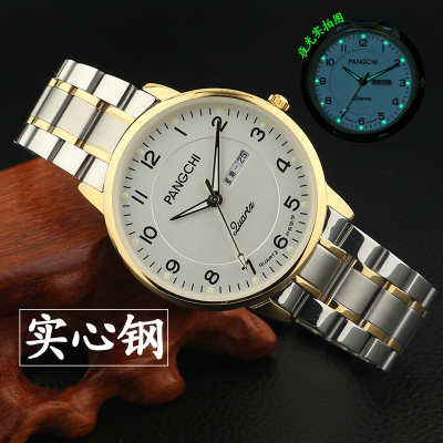 鹏志(PANGCHI)老年人手表休闲男士腕表双日历中老年人手表实心带夜光石英表女表6319