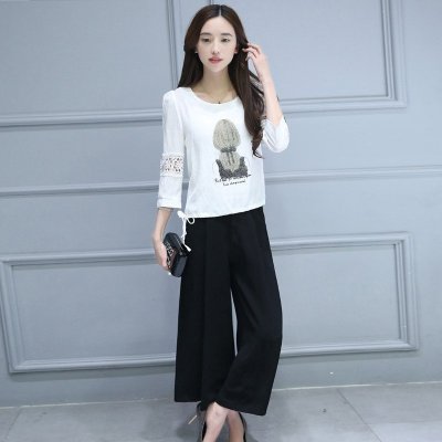 声缎(shengduan)2018夏季新款女装 时尚套装印花上衣搭配七分阔腿裤8025