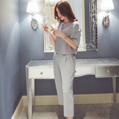 声缎(shengduan)2018夏季新款女装 韩版休闲宽松短袖T恤九分裤女两件套637