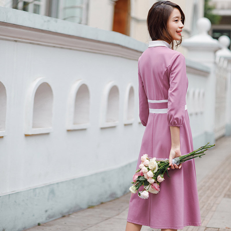 茵曼女装春秋装新款拼接翻领喇叭袖文艺显瘦a摆连衣裙女