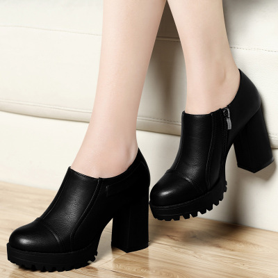 古奇天伦女鞋圆头粗跟单鞋秋季厚底防水台高跟鞋职业中跟深口皮鞋利德尚品8142