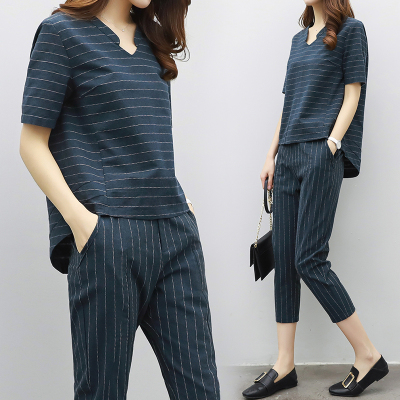 清仓不退不换-佐露絲RALOS夏季新款女装时尚两件套短袖上衣小脚裤棉麻套装