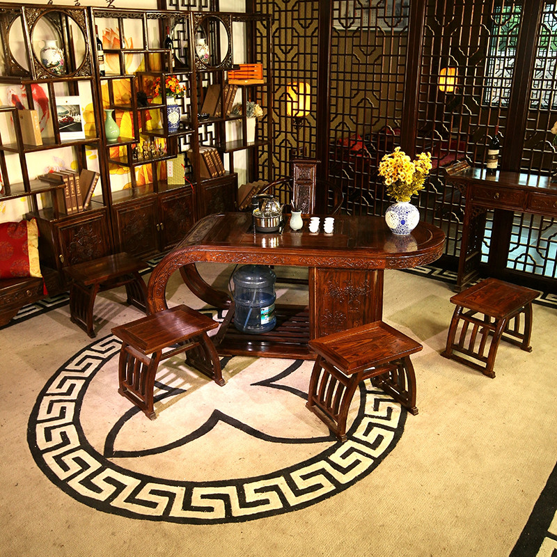 【子墨木业】卧龙茶桌款实木茶桌 中式明清仿古家具南榆木茶桌椅组合