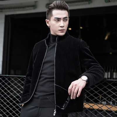 勎霸 新款羊剪绒皮毛一体外套男装短款皮衣休闲立领夹克羊毛皮草大衣