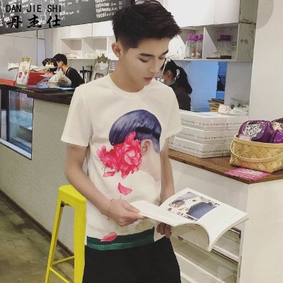 丹杰仕夏季新款大码潮男装文艺人物碎花 时尚休闲百搭青年修身短袖T恤衫