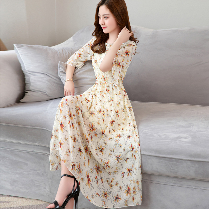 短袖雪纺连衣裙女夏2017款高腰显瘦长裙喇叭袖碎花a字裙气质裙子