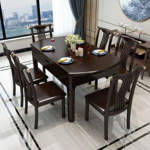 青木川 实木餐桌椅组合套装新中式餐厅伸缩圆形饭桌长方形折叠家用小户型圆形吃饭桌子圆桌