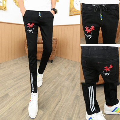 UYUK牛仔裤男秋冬休闲男士牛仔裤弹力修身小脚裤松紧腰长裤印花青少年学生潮流牛仔裤黑色