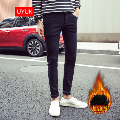 UYUK牛仔裤男2017冬季新款青少年休闲修身加絨加厚保暖牛仔长裤潮学生纯色百搭纯色裤子男