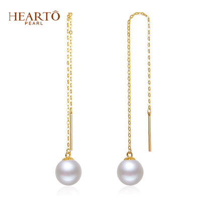 海瞳18K金经典正圆珍珠耳线淡水珍珠长款耳环耳饰珍珠女款珍珠耳钉送恋人耳饰珍珠8-8.5mm