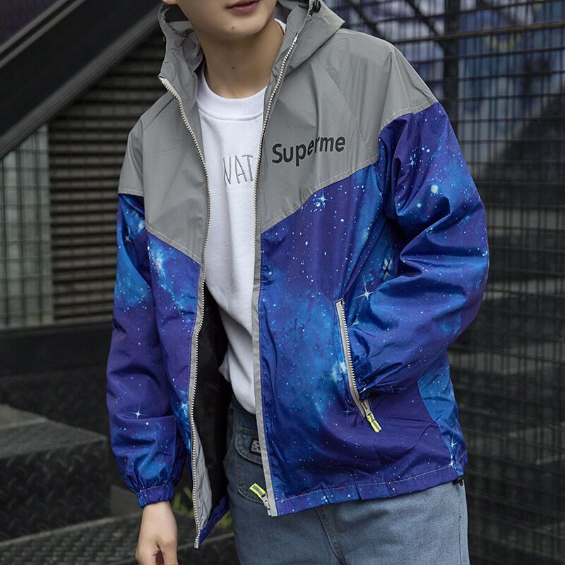 夹克男2018春夏防水反光衣男夹克韩版青少年荧光衣冲锋衣外套蓝色